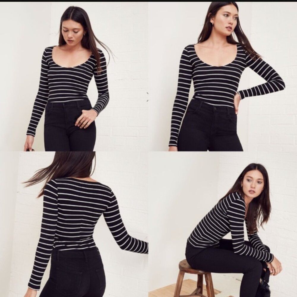 Reformation Marielle Striped Scoopneck Top Size MEDIUM Black White Ribbed
